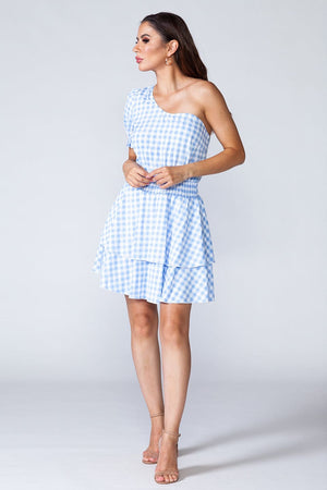 Blue Flamenco Dress - Blue flamenco, one shoulder mini dress in light blue and white, model natural posing