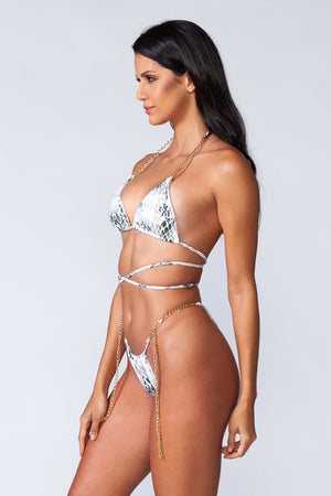 Tanzania Bikini - Model wearing snake print and adjustable bikini, posing for side view