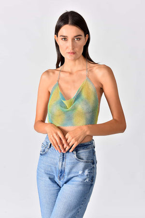 Sparkly Top Green - Model wearing shiny crop top in green-yellow gradient color, in pose for frontal view