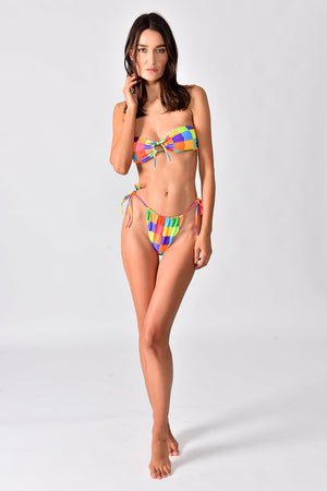 Funky Bikini - Square printed colorful bikini, tube top, padded cups and adjustable is wore by model posing for front view