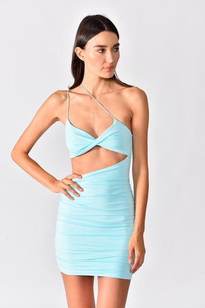 Mia Dress - Model wearing trendy cut-out mini dress with asymmetrical top part in light blue color, photo showing the dress details