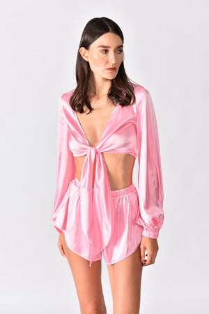 Orchid Set - Shop online set of pink high waist shorts with wide leg openings and self-tied top in the front