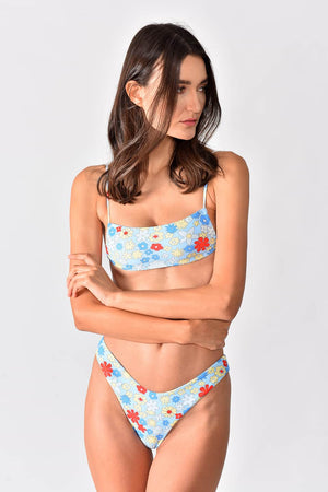 Spring Bikini - Model in a natural pose, showing colorful bikini with flower pattern, flat top and high waist bottom.