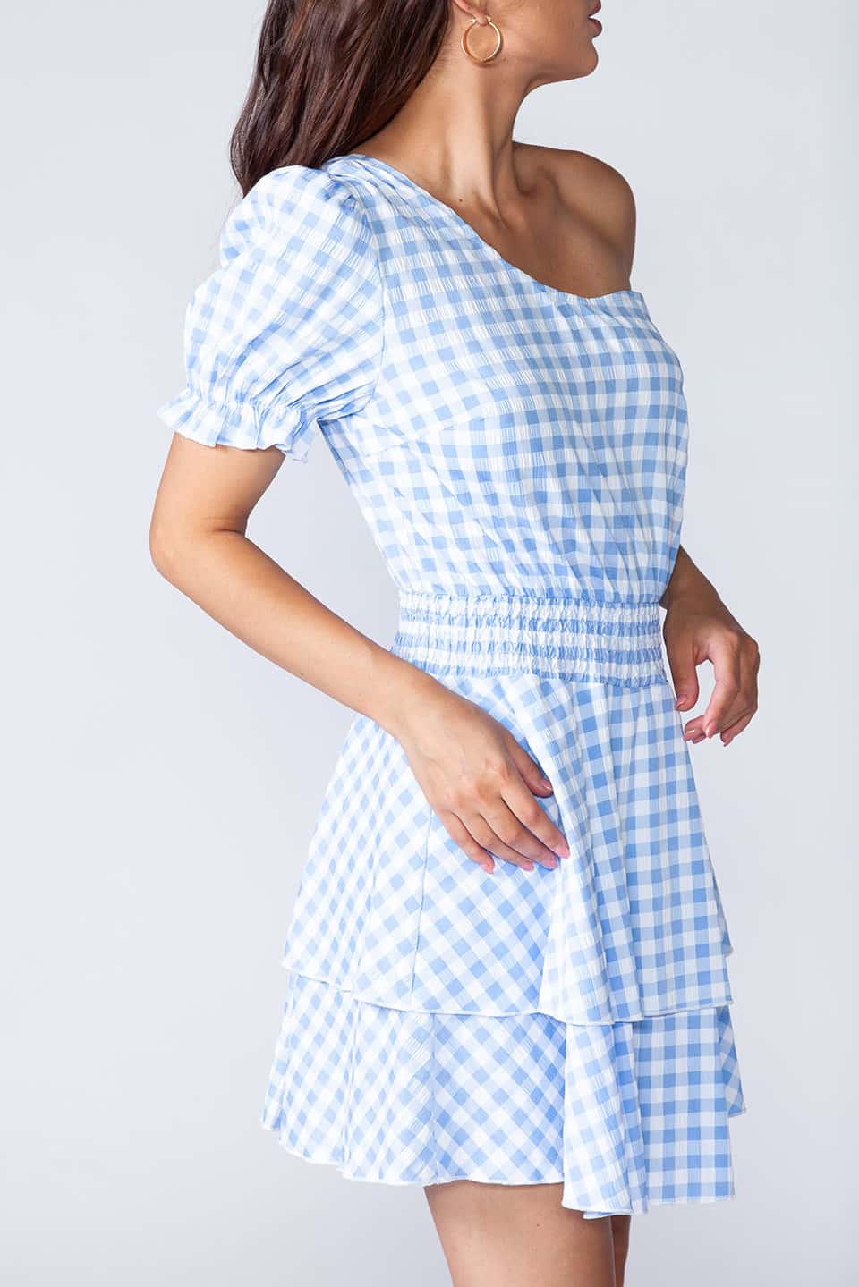 Blue flamenco, one shoulder mini dress in light blue and white, side details