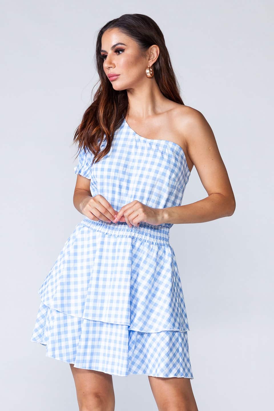 Blue flamenco, one shoulder mini dress in light blue and white, zoom on cloth detail
