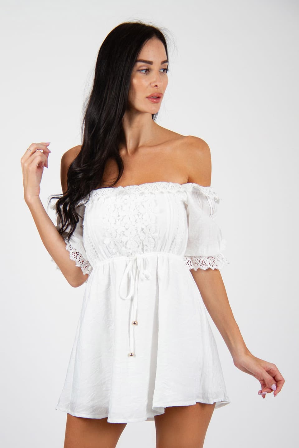 Angel white off-shoulder mini dress, front view