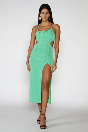 Aphrodite Green Dress - Aphrodite green midi dress decorated with gold chain, model posing inn front view