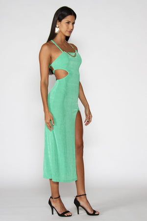 Aphrodite Green Dress - Aphrodite green midi dress decorated with gold chain, model natural pose