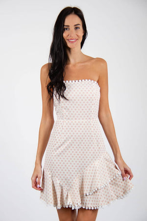 Beautiful Soul Dress - Dot printed, off-shoulder mini dress in white color. Model front posing