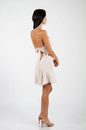 Beautiful Soul Dress - Dot printed, off-shoulder mini dress in white color. Model for side view