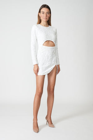 Bianca Dress - Trendy mini dress to shop online. White color and sequins embroidery all over the dress with long sleeve