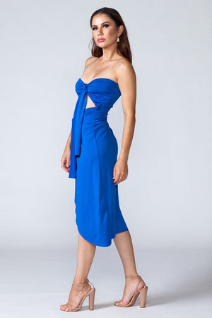 Blue Lagoon Dress - Trendy blue mini dress with overlapping skirt, model walking