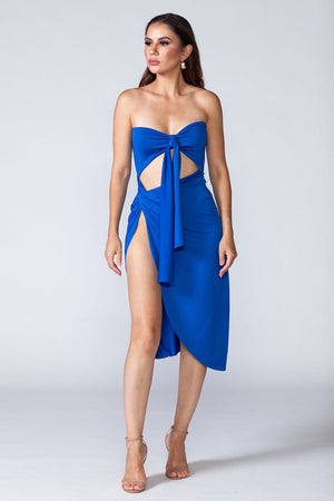 Blue Lagoon Dress - Trendy blue mini dress with overlapping skirt, model natural pose