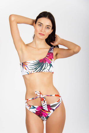 Hawaii sunset bikini - Trendy two-piece one-shoulder swimsuit with tropical prints. Model poses natural