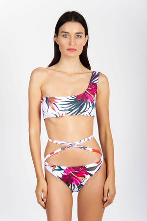 Hawaii sunset bikini - Trendy two-piece one-shoulder swimsuit with tropical prints. Model posing for frontal view