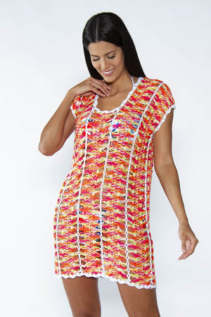 Mango Beach Dress - Crochet kaftan in neon colors, model in natural pose