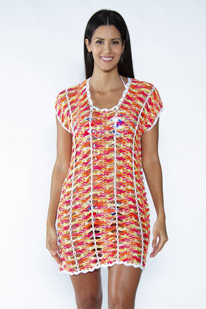 Mango Beach Dress - Crochet kaftan in neon colors, model posing from frontal view