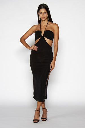 Señorita Black Dress - Model wearing stylish midi dress with high slit on the side in black color, posing for front view