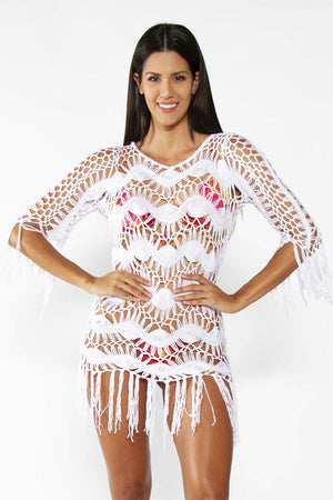 Tropico Beach Dress White - Model wearing Crochet Bohemian Cover up with fringe in White color, in pose
